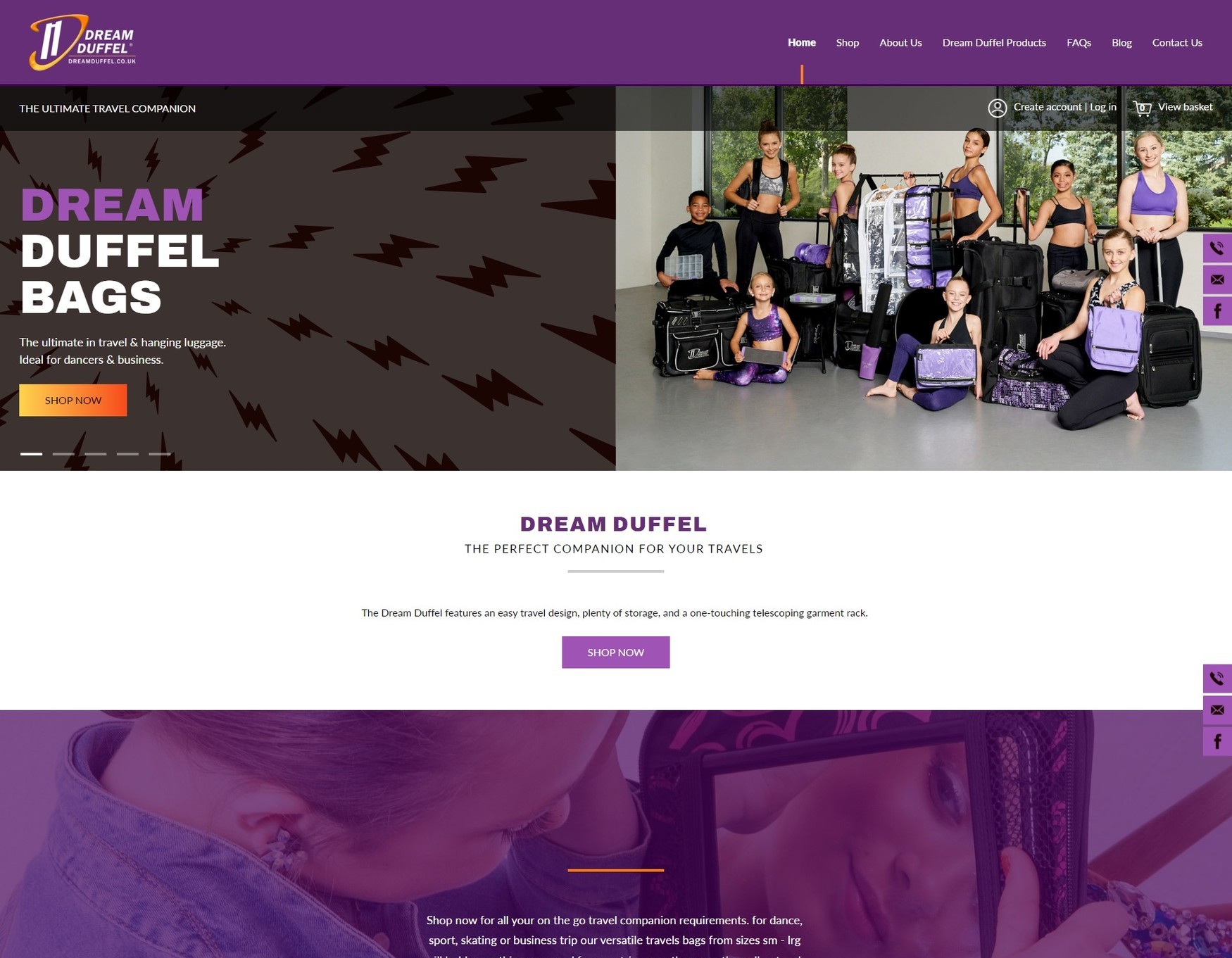A website design for a dream duffel bag company